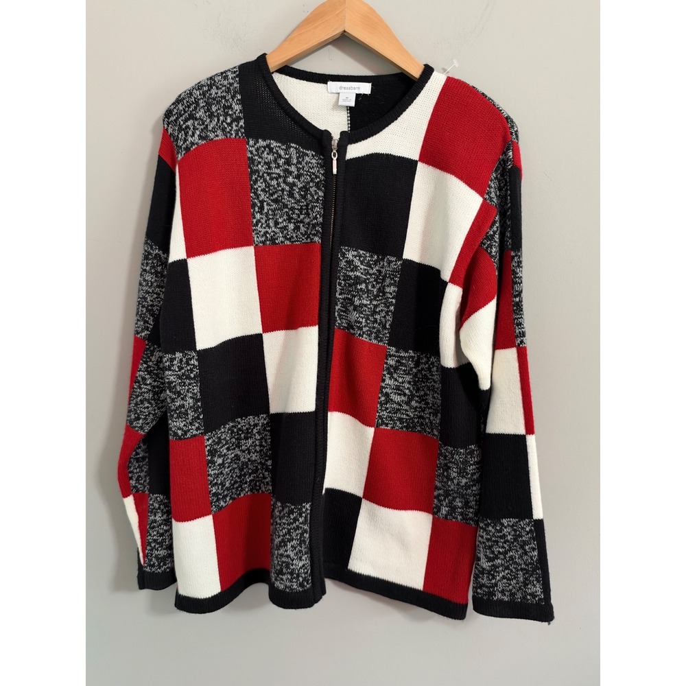 VTG Dressbarn Cardigan Sweater Womens Medium Red Black White Colorblock Full Zip